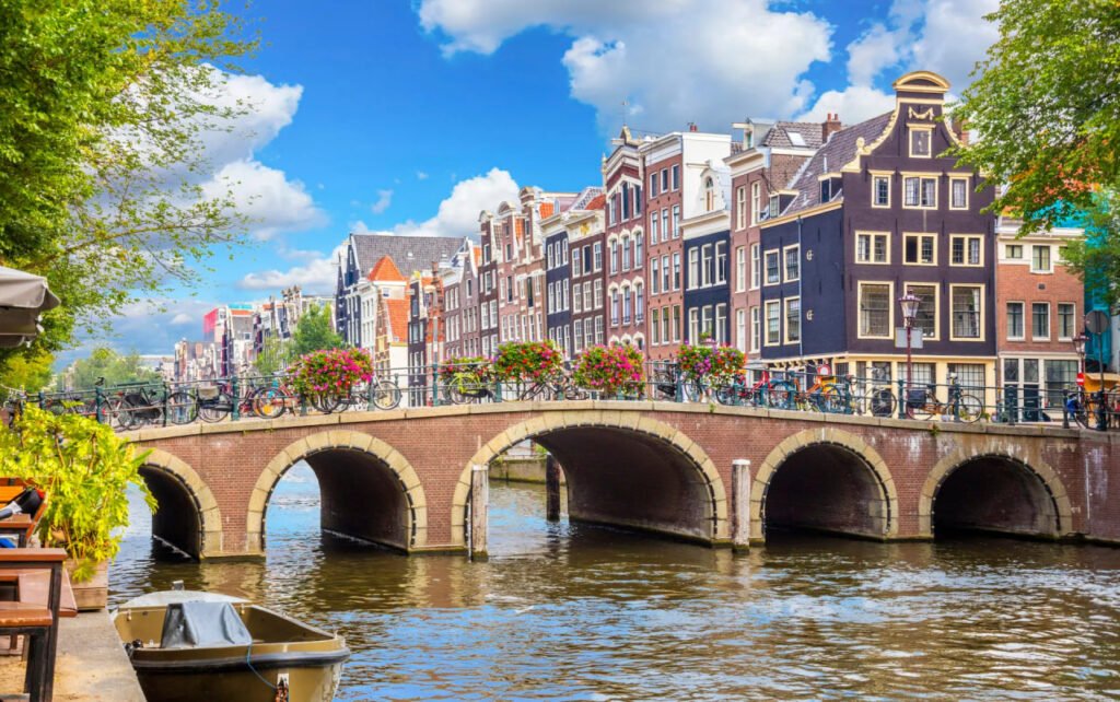 Amsterdam canal view with historic houses and bridges